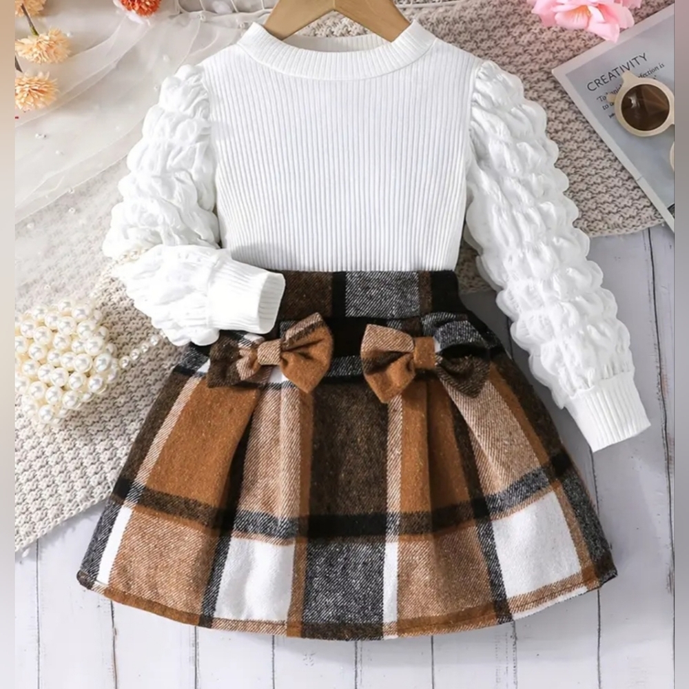 White Ruffled Top with Plaid Skirt Set